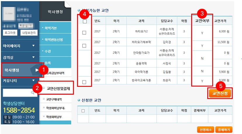 1. 학사행정 메뉴 클릭 2. 교안신청 및 결제 클릭 3. 교안여부 확인 4. 체크 5. 교안신청 버튼 클릭 을 설명하는 이미지