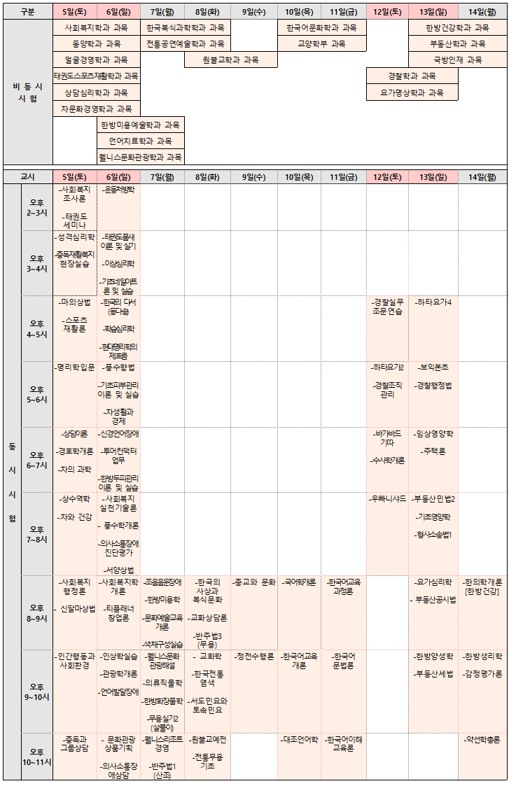 하단 과목별 시험시간 공지