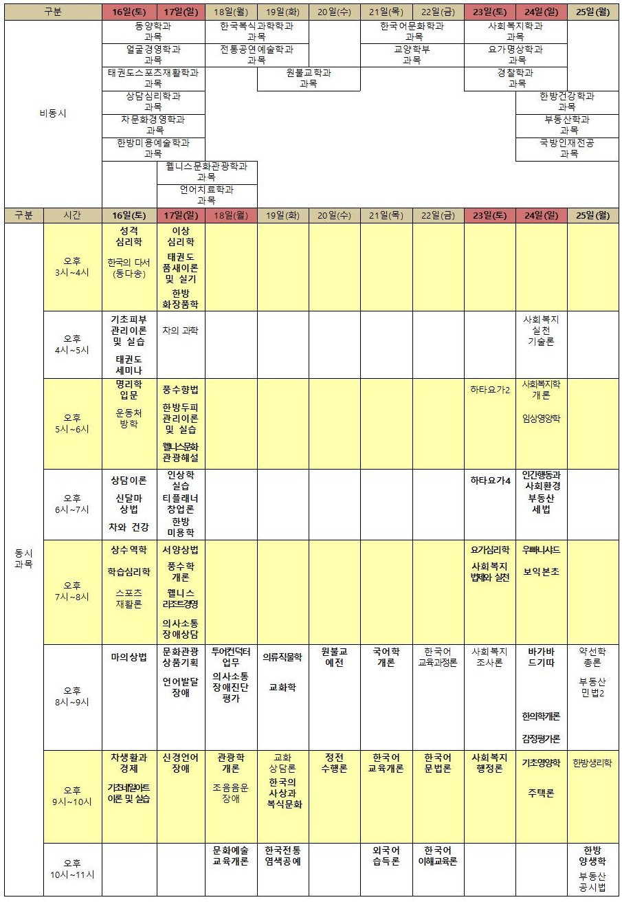 중간고사 시험일정 안내, 하단에 상세 안내