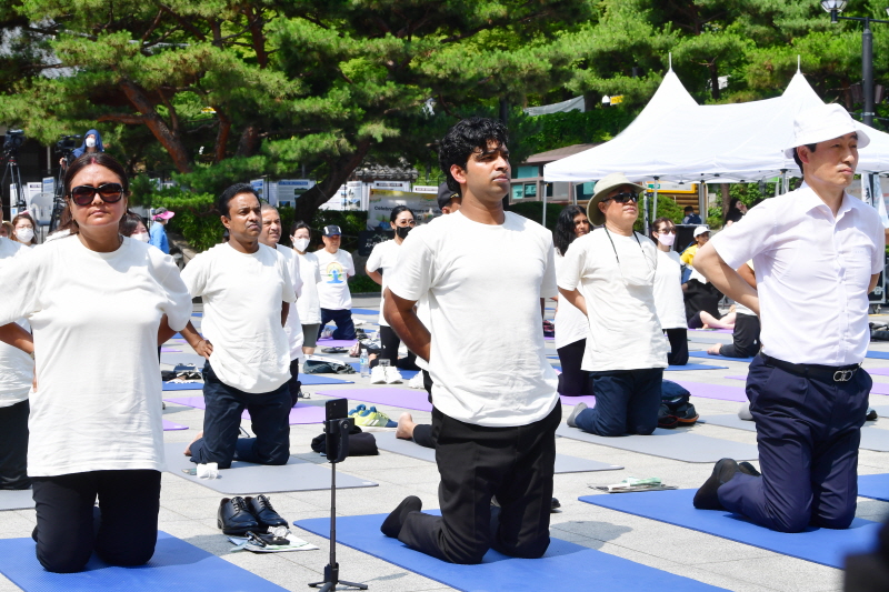 요가 시연을 따라하는 참가자들